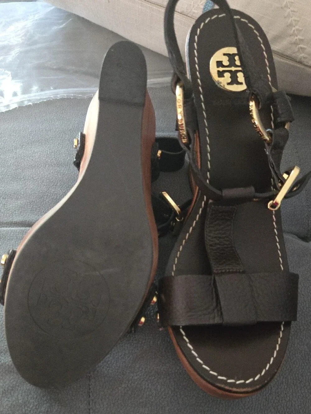 Tory Burch Dark Brown Leather Wedge Sandals with Gold Logo